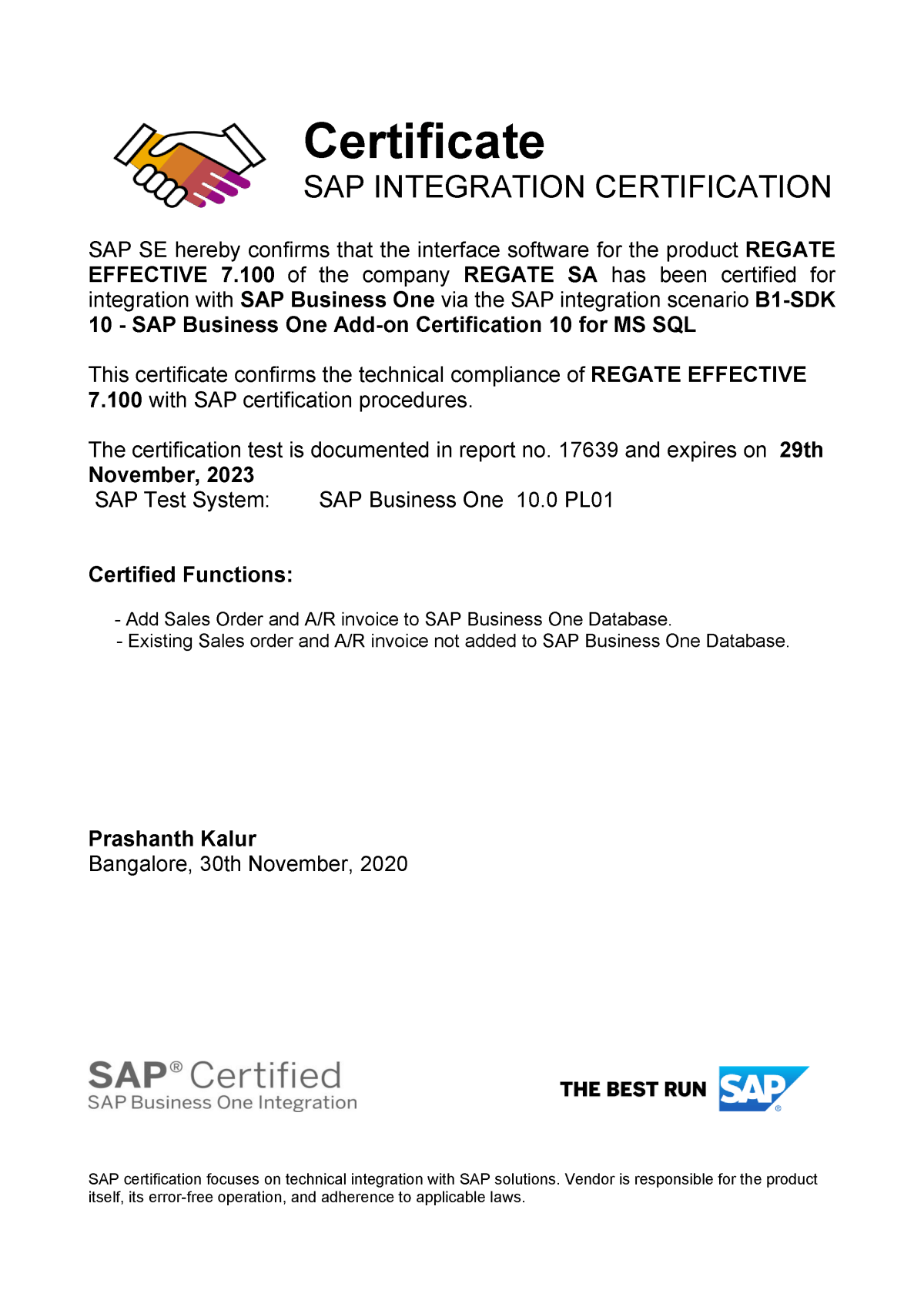 Regate SAP Certificate